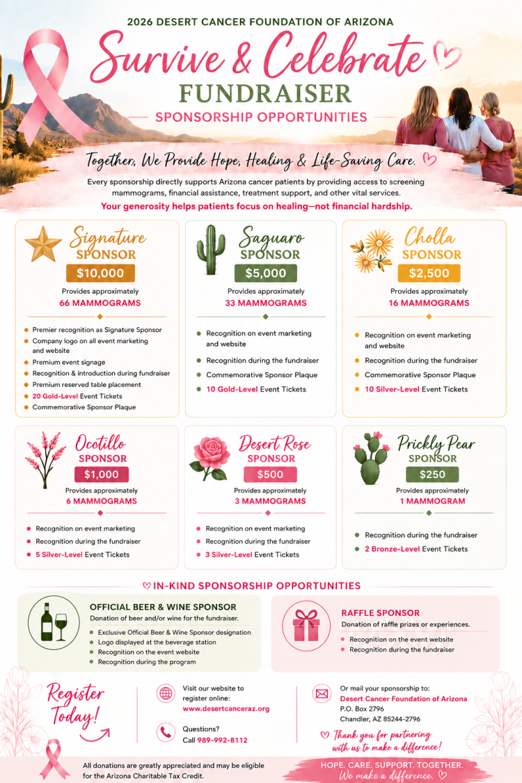 DCFA 2026 Sponsorship Opportunities 2026 Desert Cancer Foundation of Arizona Survive & Celebrate Fundraiser sponsorship opportunities, from Signature at $10,000 to Prickly Pear at $250.
